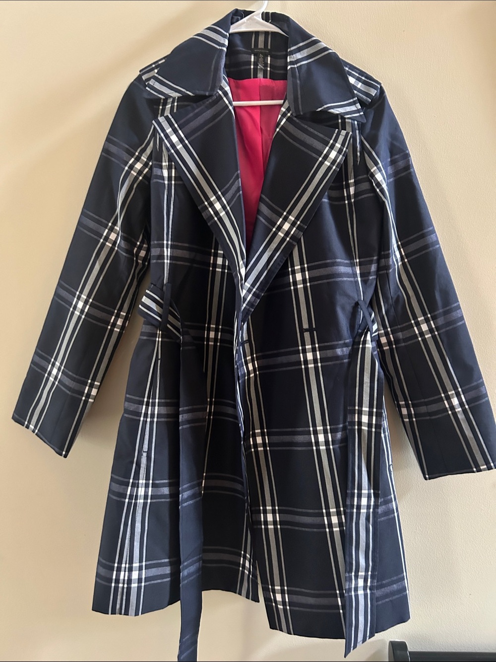 Madison Navy and White Plaid Pea Coat with Pink Lining